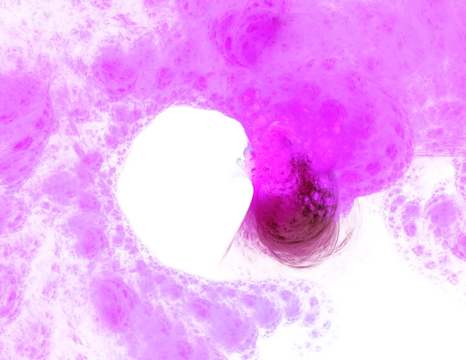 Bright magenta and violet branching textures curl around a large irregular white opening.