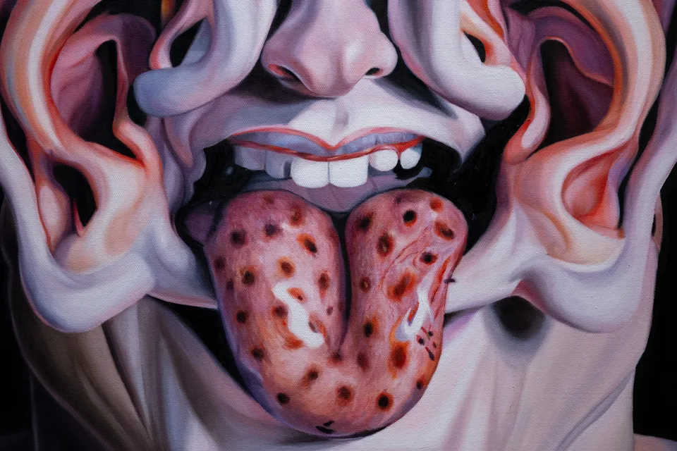 Close detail of the painted mouth and tongue in The Resonance of Silence.