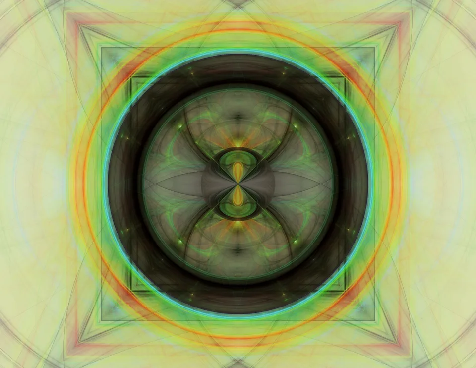 A dark green circular form with two mirrored lobes sits inside glowing orange rings and pale green angular layers.