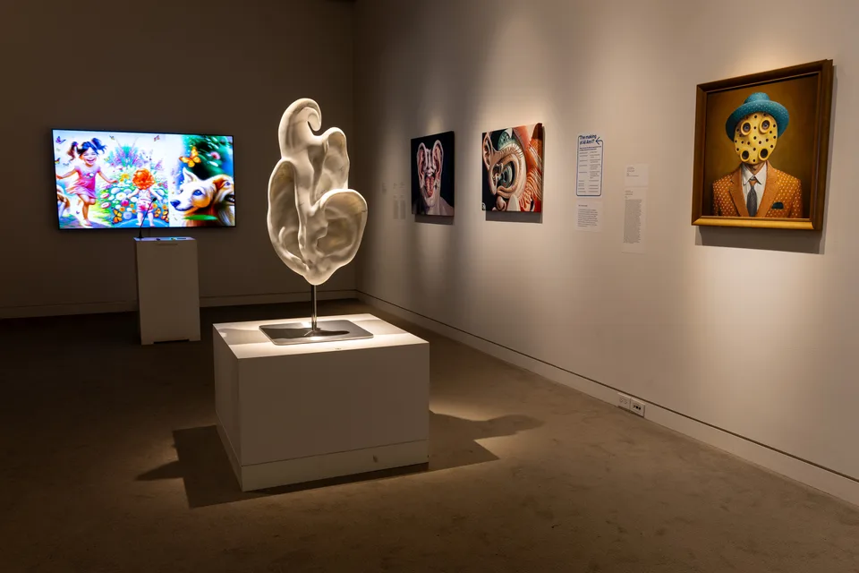 A white marble ear sculpture stands before two paintings of distorted heads and a framed cheese-faced portrait.
