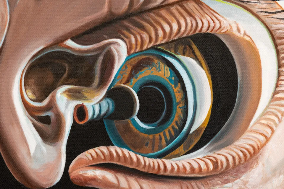 Close-up of a large painted eye surrounded by layered flesh-colored shapes.