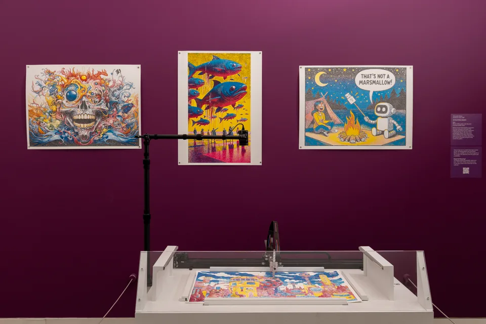 A plotting machine stands below three colorful drawings on a purple gallery wall.