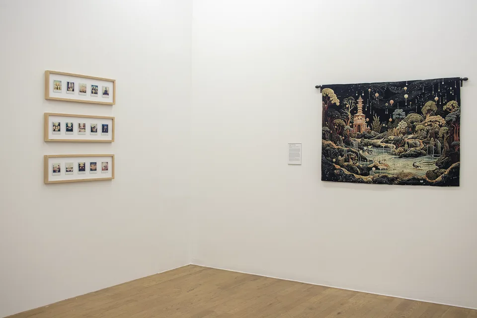 Three framed rows of small Polaroids hang beside a dark tapestry showing water and a pagoda.