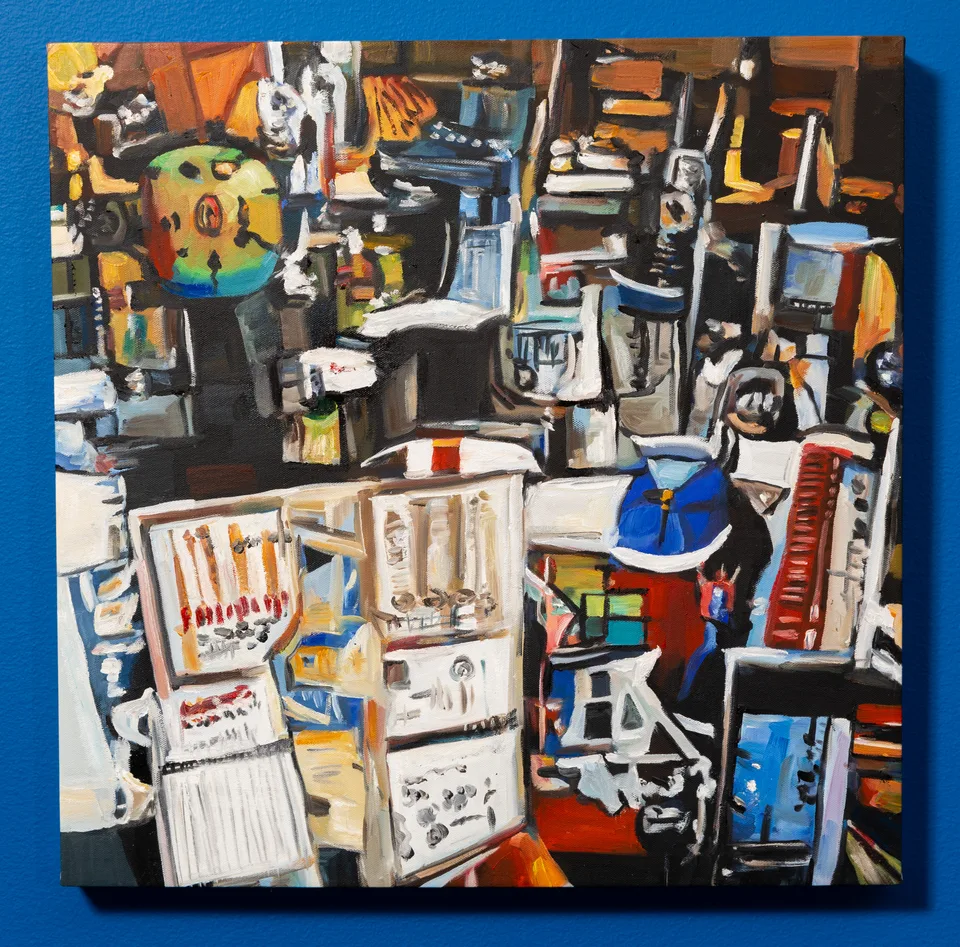 A square painting depicts dense shelves of containers and objects in loose multicolored brushwork.