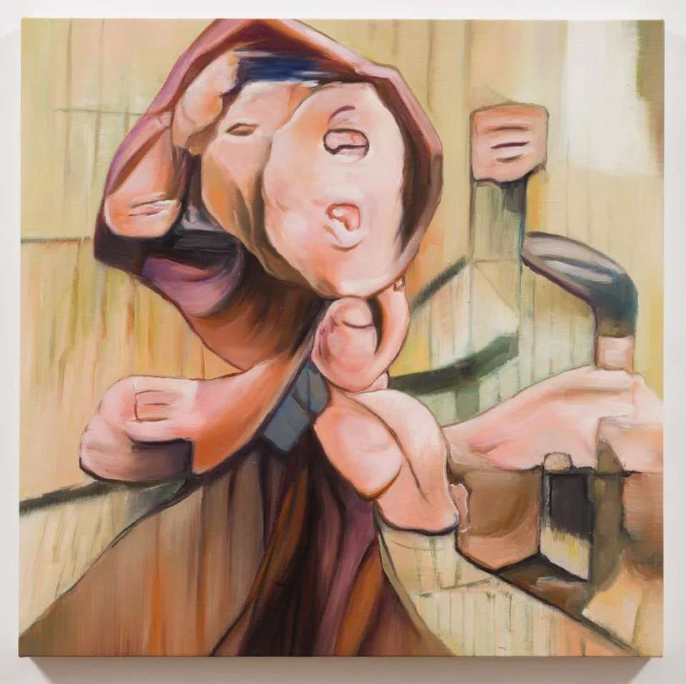 An oil painting of a pale figure with repeated faces and limbs against a yellow-green interior.