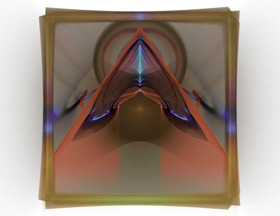 A pointed arrangement of red, blue and black curves sits within overlapping translucent gold rectangular frames.