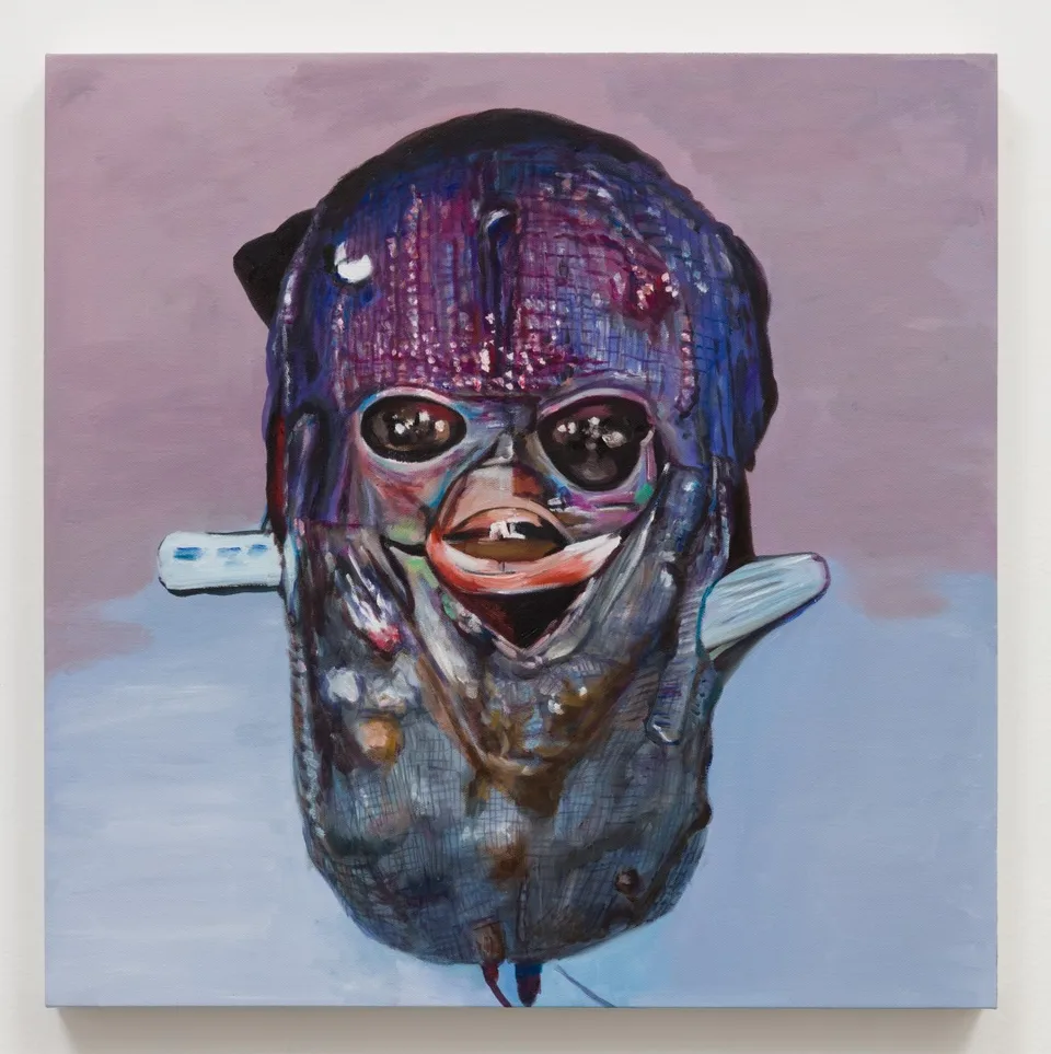 An oil painting of a dark, mask-like face with large eyes and a horizontal pale object behind it.