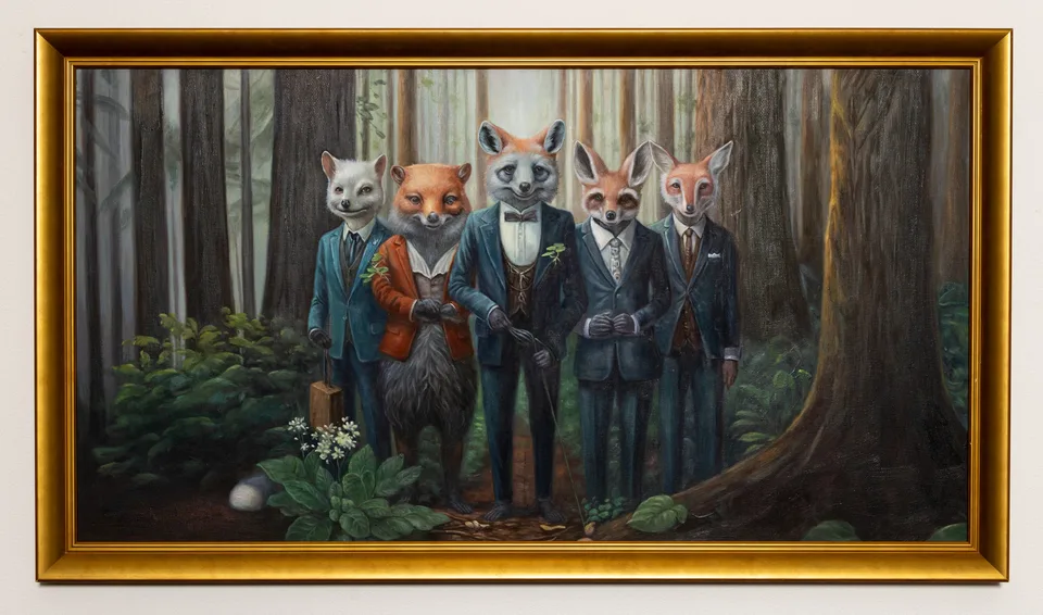 Full framed painting of five formally dressed fox-headed figures standing in a forest.