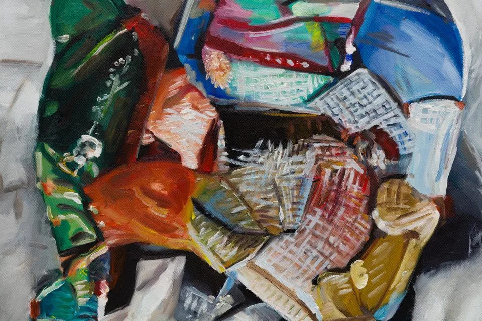 Detail of an oil painting with densely packed containers, papers and blue, green and orange forms.