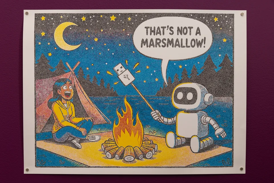 A plotted cartoon drawing shows a person and a robot at a campfire, with a USB plug held over the fire.