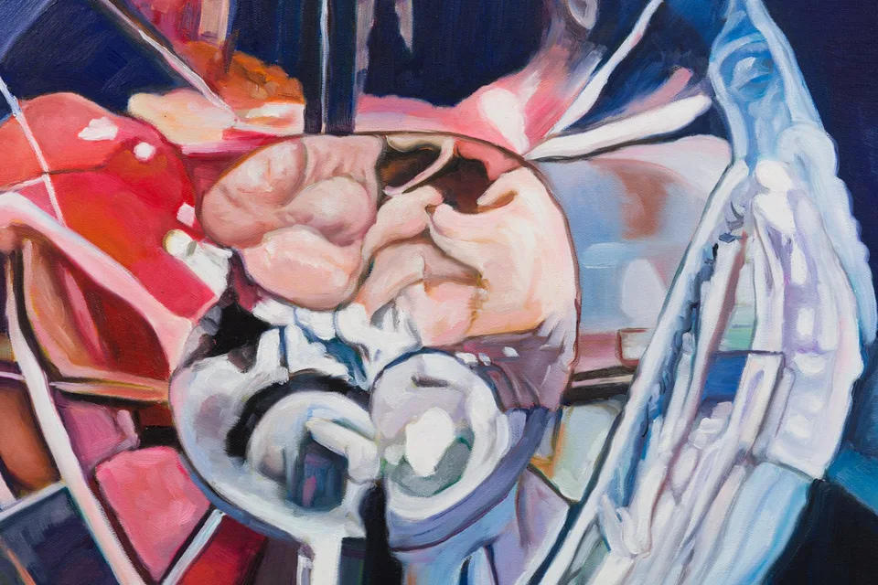 Detail of a circular painted structure containing red shapes and overlapping flesh-toned forms.