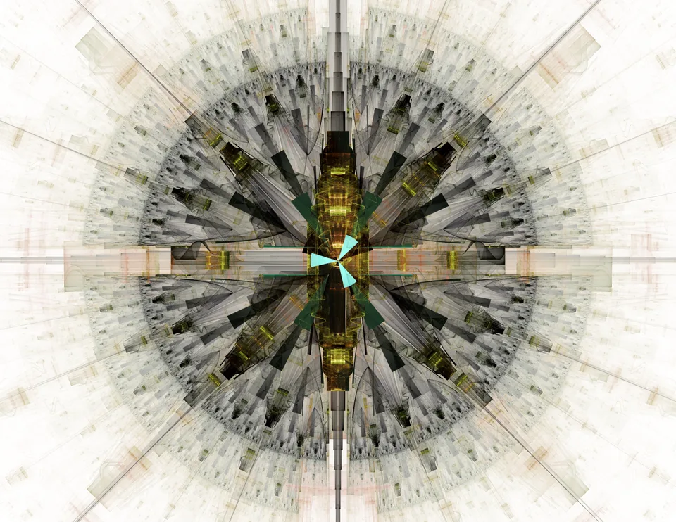 Black and gray angular forms radiate around a small turquoise center, crossed by gold horizontal and vertical details.
