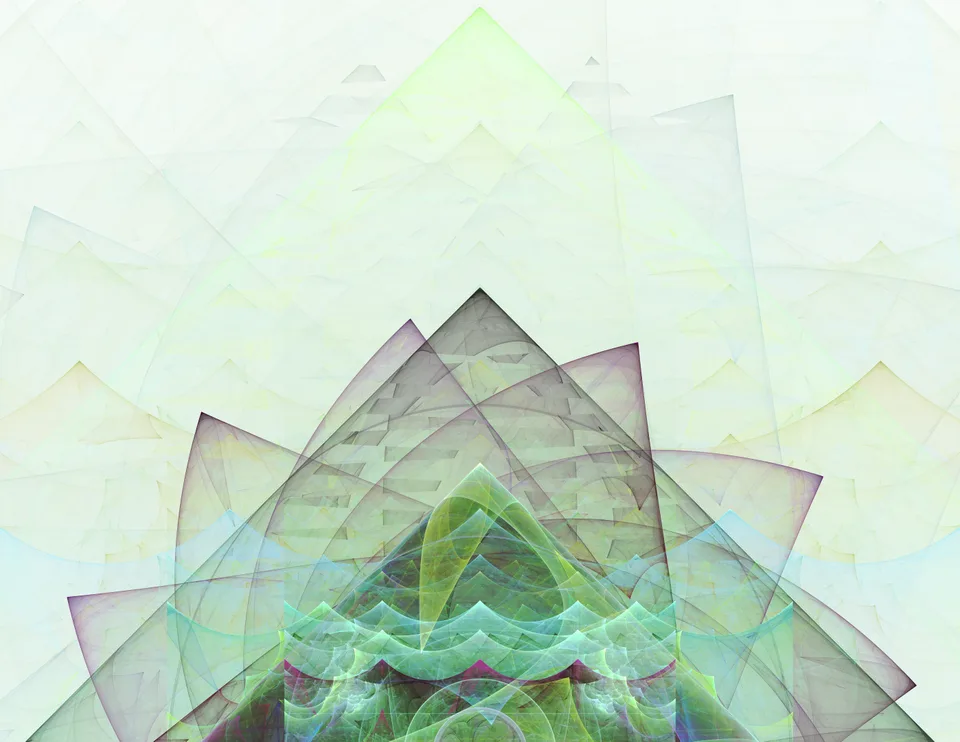 Overlapping translucent triangles in gray and pale green rise above a layered central peak.