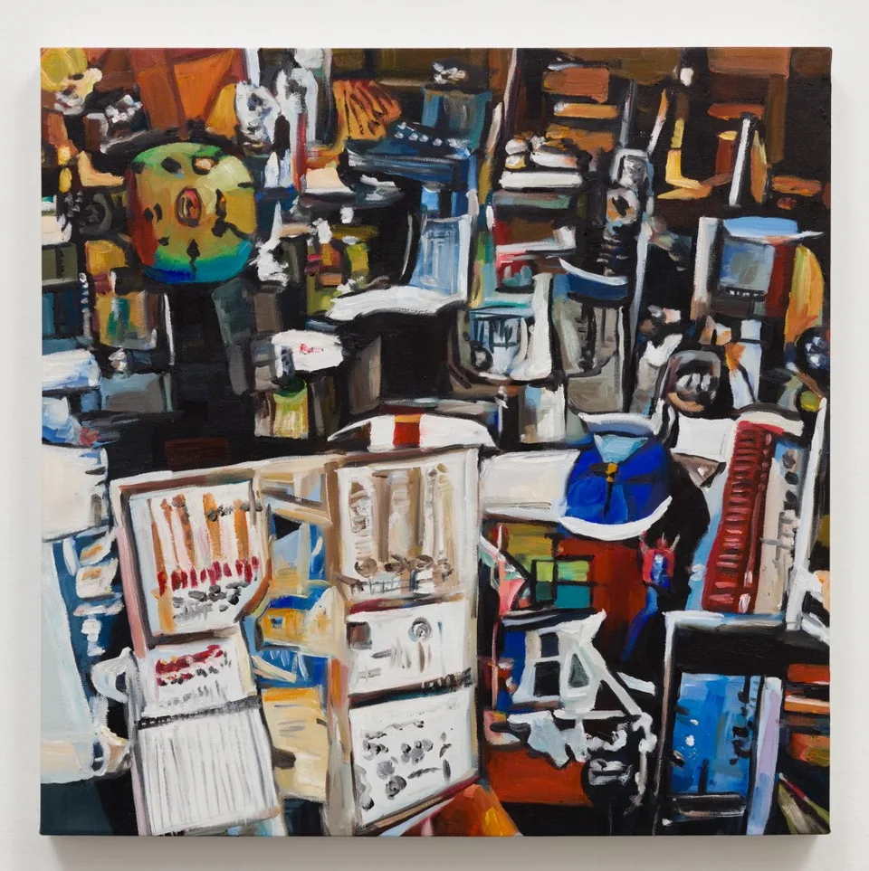 A Bunch of Items That Are on Display in a Store, a square oil painting of dense shelves of containers and printed objects.