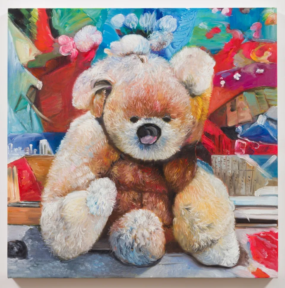 An oil painting of a pale bear-like stuffed animal in front of a colorful, crowded background.