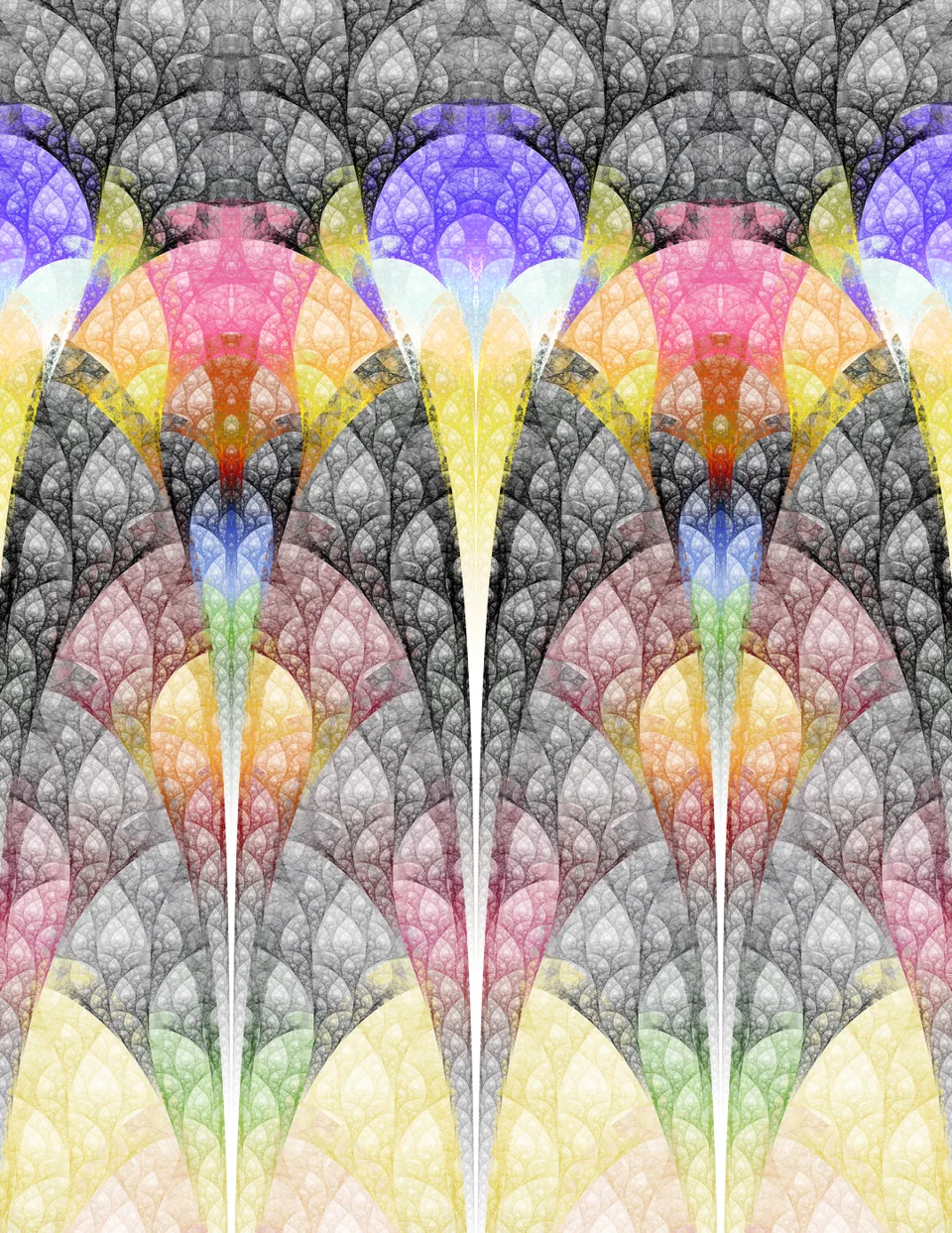 Repeated black arches enclose pointed pink, yellow and violet forms in a tall, symmetrical pattern.