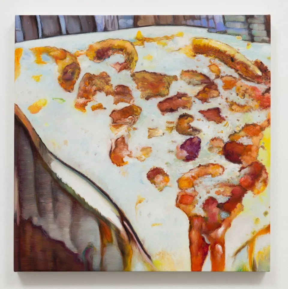 An oil painting of a broad pale food-like surface dotted with irregular brown and orange shapes.