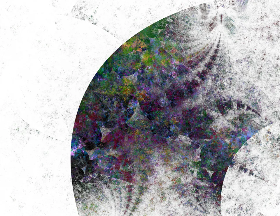 A broad curved section of dense multicolored and black-and-white texture sweeps across a white background.