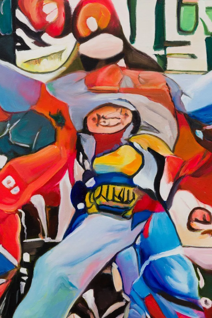 Detail of an oil painting with a yellow-and-blue figure among brightly colored toy-like shapes.