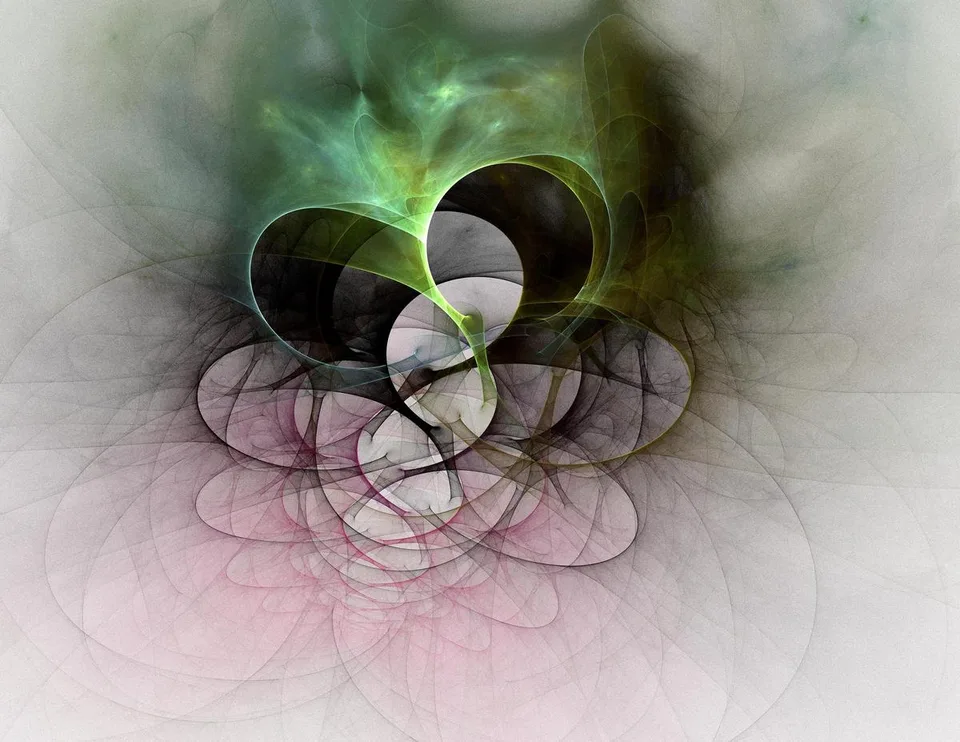 Dark curling loops overlap pale circular forms beneath a soft green glow, with pink and gray surrounding them.