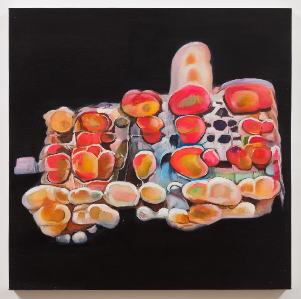 An oil painting of a cluster of red, orange and pale rounded compartments on a dark background.