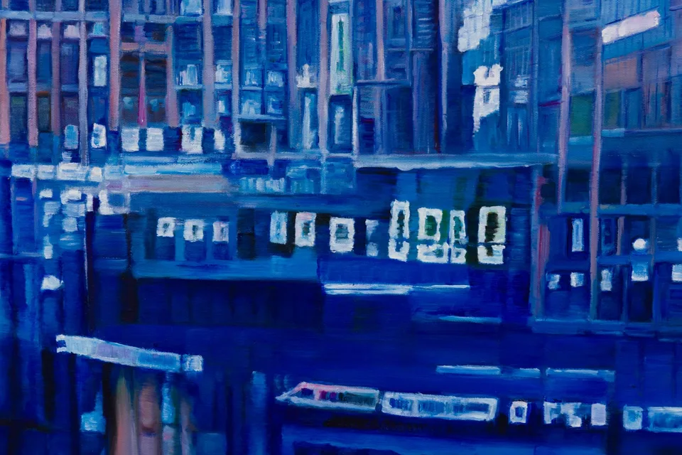 Detail of a blue oil painting with window-like grids and layered architectural shapes.
