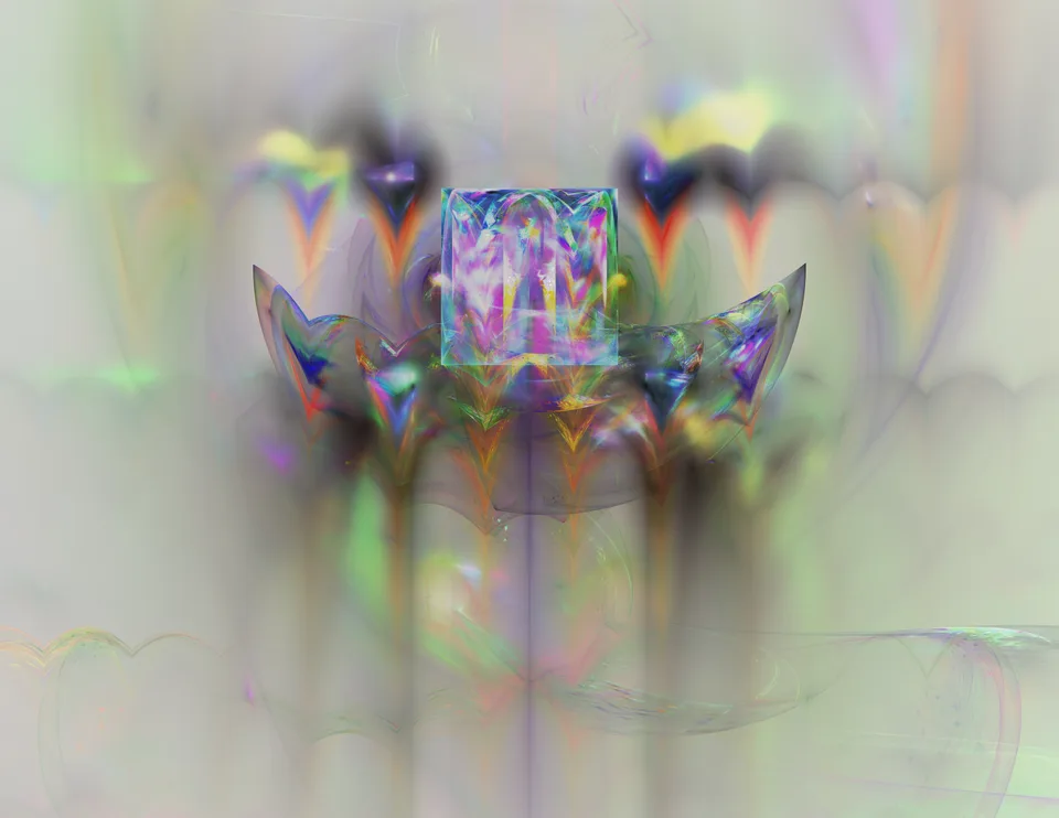A cluster of angular rainbow-colored forms floats within a haze of pale green, yellow and gray.