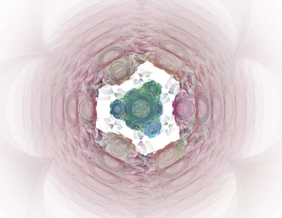Soft pink concentric loops surround an irregular white opening with a small blue-green rosette inside.