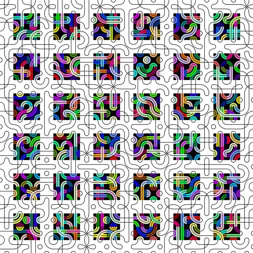 A grid of colorful, repeating curved motifs against fine gray lines in a CiAo composition