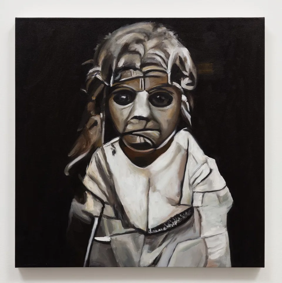 An oil painting of a gray mask-like face above a pale shirt against a dark background.