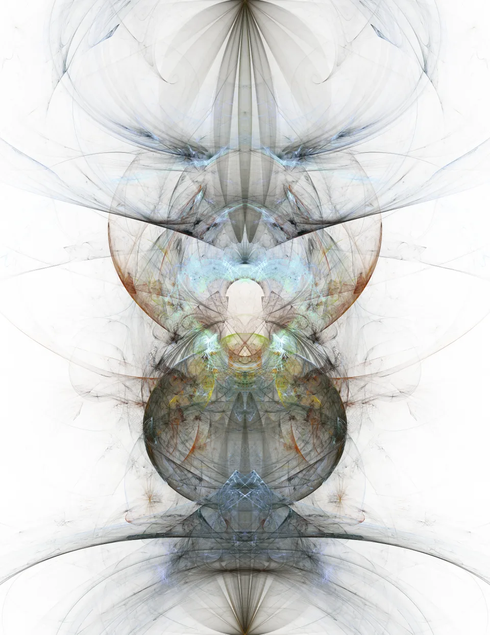 Thin gray arcs and overlapping translucent blue-gray rounded forms create a narrow symmetrical composition on white.