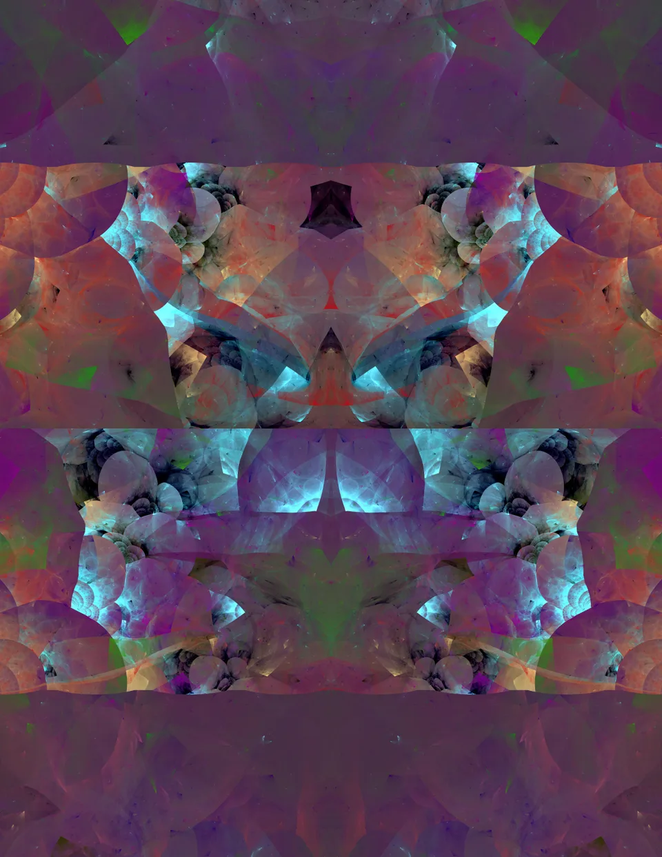 A patchwork of angular cyan, purple, red and green forms repeats within a dark violet field.