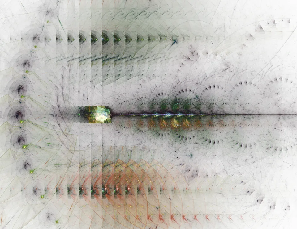 Faint gray repeating marks and arcs converge along a dark horizontal line with small green and orange highlights.