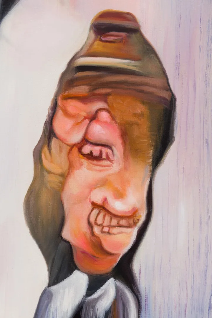 Detail of an elongated painted face with repeated mouth shapes under a brown hat.