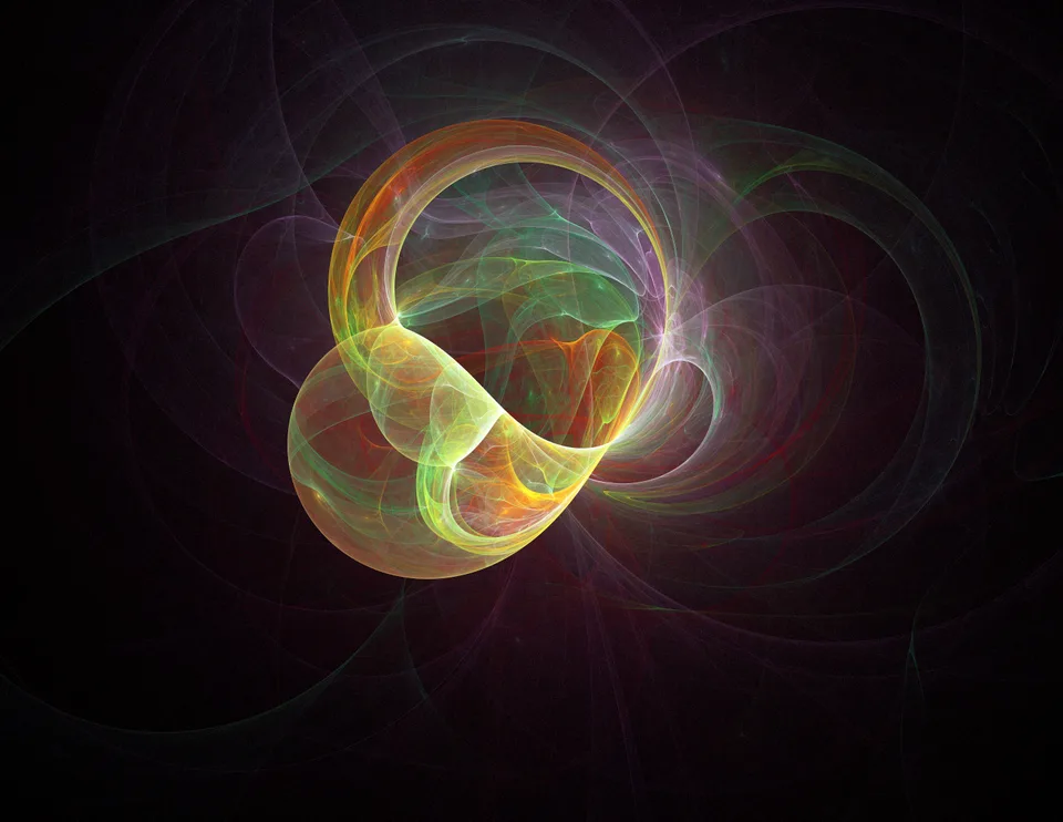 Translucent yellow, green, and orange ribbon-like loops overlap against a dark purple field.