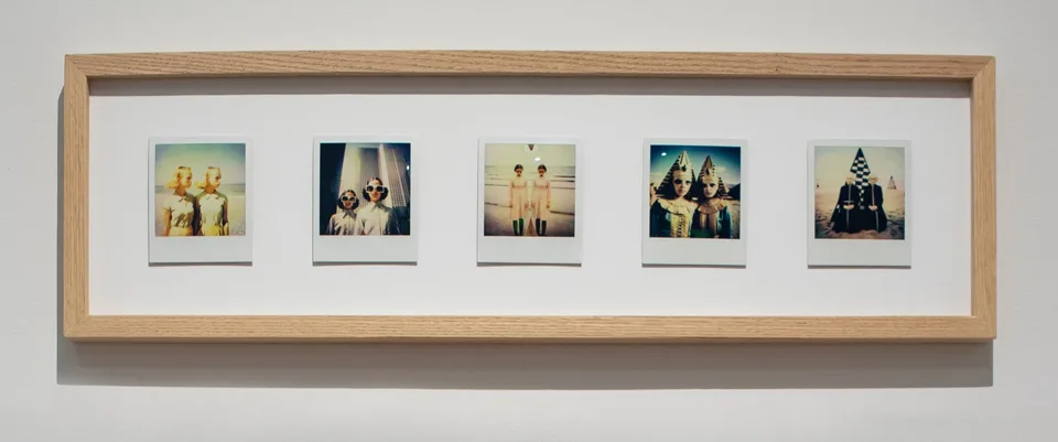 Five Polaroids in a long wooden frame show pairs of figures by a beach, beneath tall buildings, and beside pointed patterned forms.