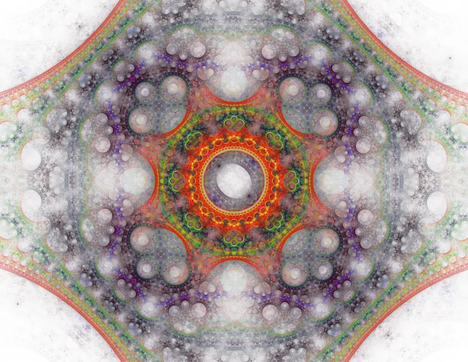 A bright red-orange ring surrounds a pale central circle within a symmetrical field of translucent purple and gray circles.