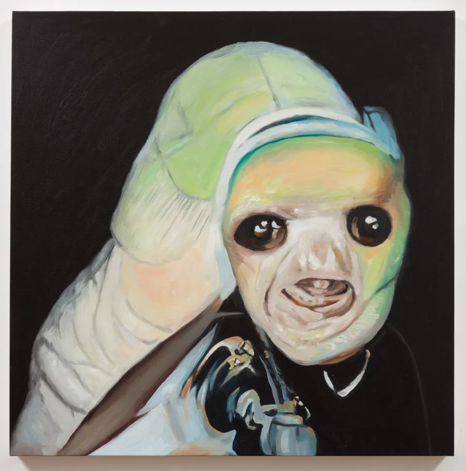 An oil painting of a figure wearing a pale green cap above a distorted face against black.