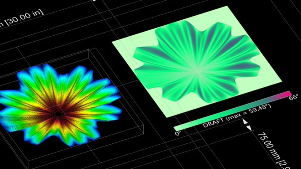 Two renderings of a flower-like relief design: a rainbow stress map on the left and a green draft-angle analysis on the right.
