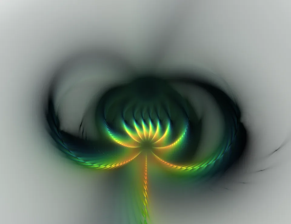 Green and yellow curved blades fan outward from a glowing center inside broad black loops.
