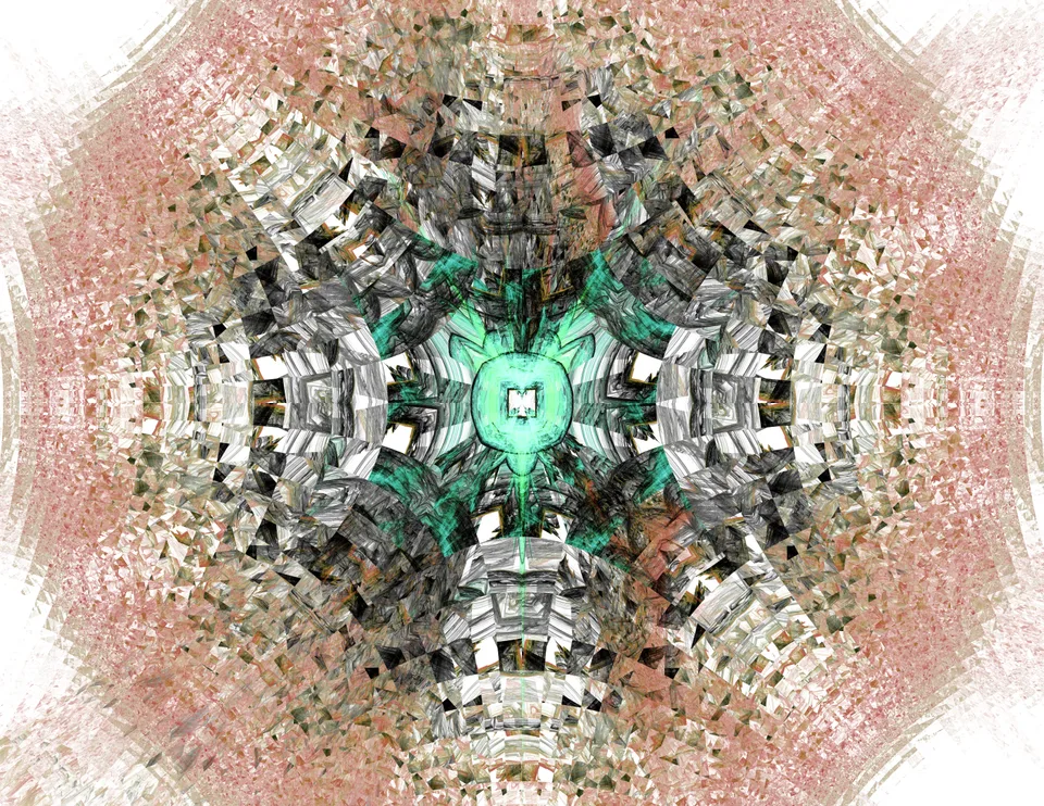 Layered gray and black angular fragments surround a turquoise center inside a fine pink circular pattern.