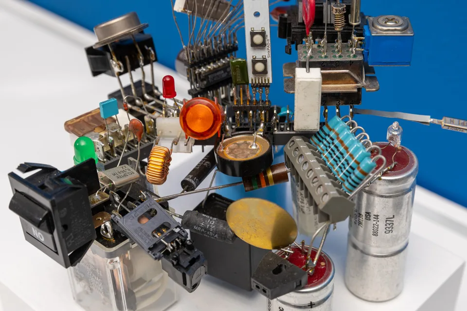 Close view from above of electronic components, coils, switches, and colorful parts assembled on metal supports.