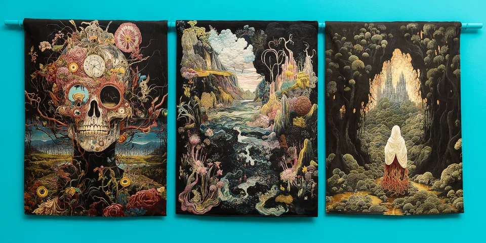Three woven tapestries showing a skull, an imaginary landscape, and a cloaked figure hang side by side on a turquoise wall.