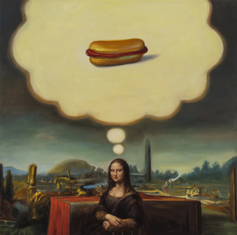 Mona Lisa sits before a landscape beneath an enormous thought bubble containing a hotdog.