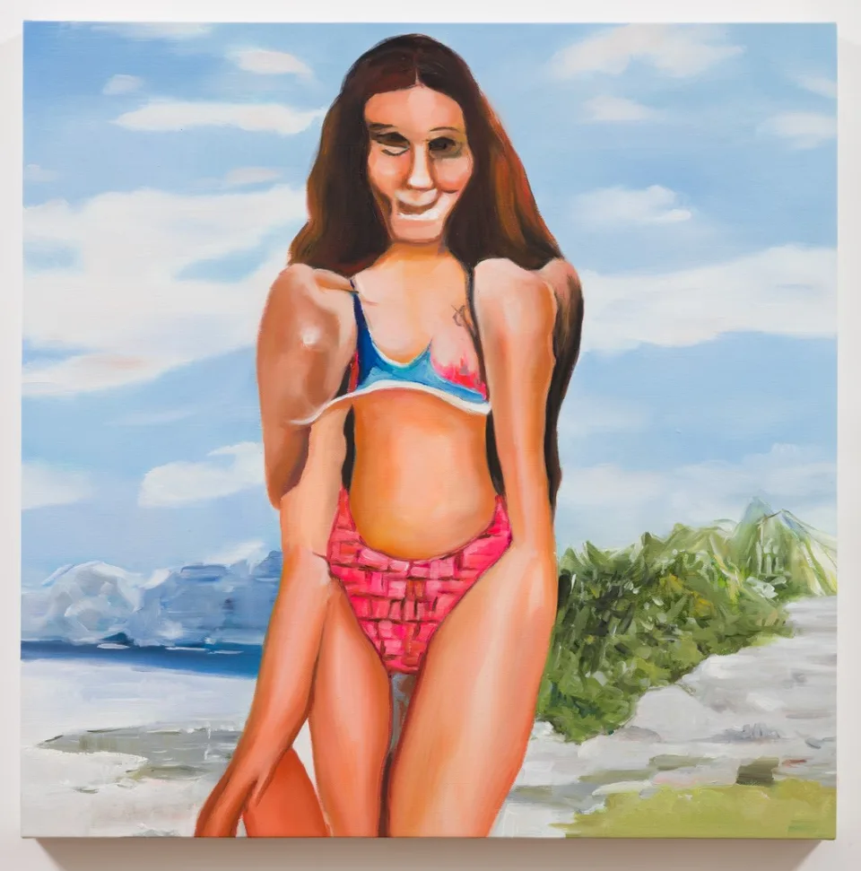An oil painting of a long-haired figure in a colorful swimsuit beside water under a blue sky.