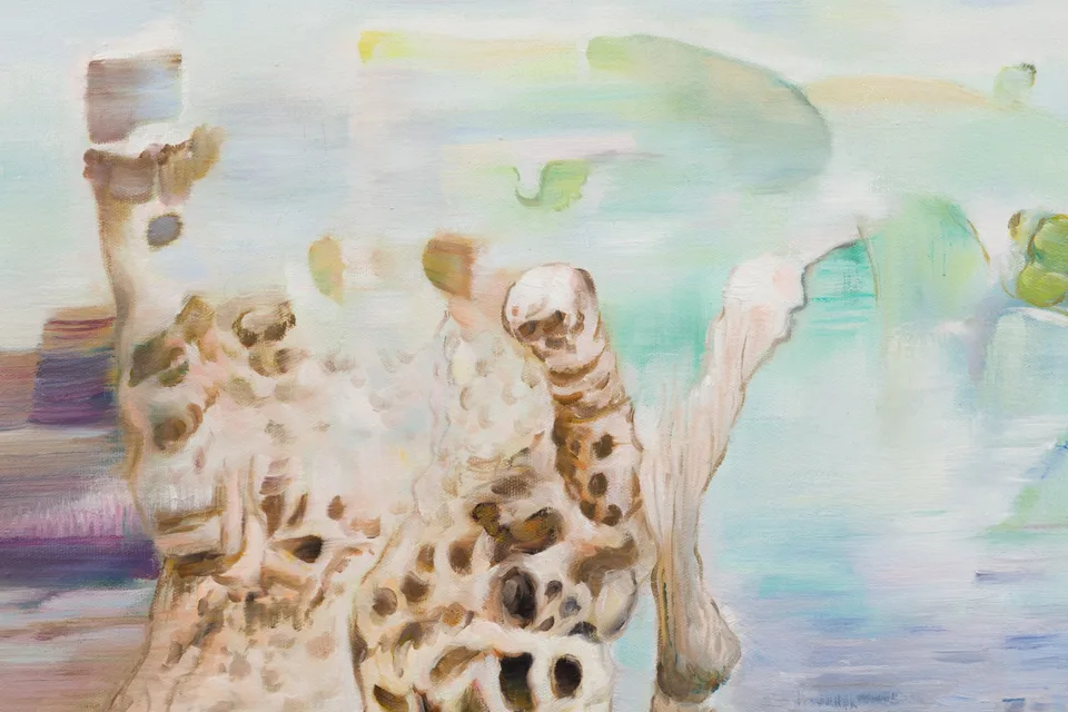 Detail of a painting with pale spotted animal-like forms against a softly colored interior.